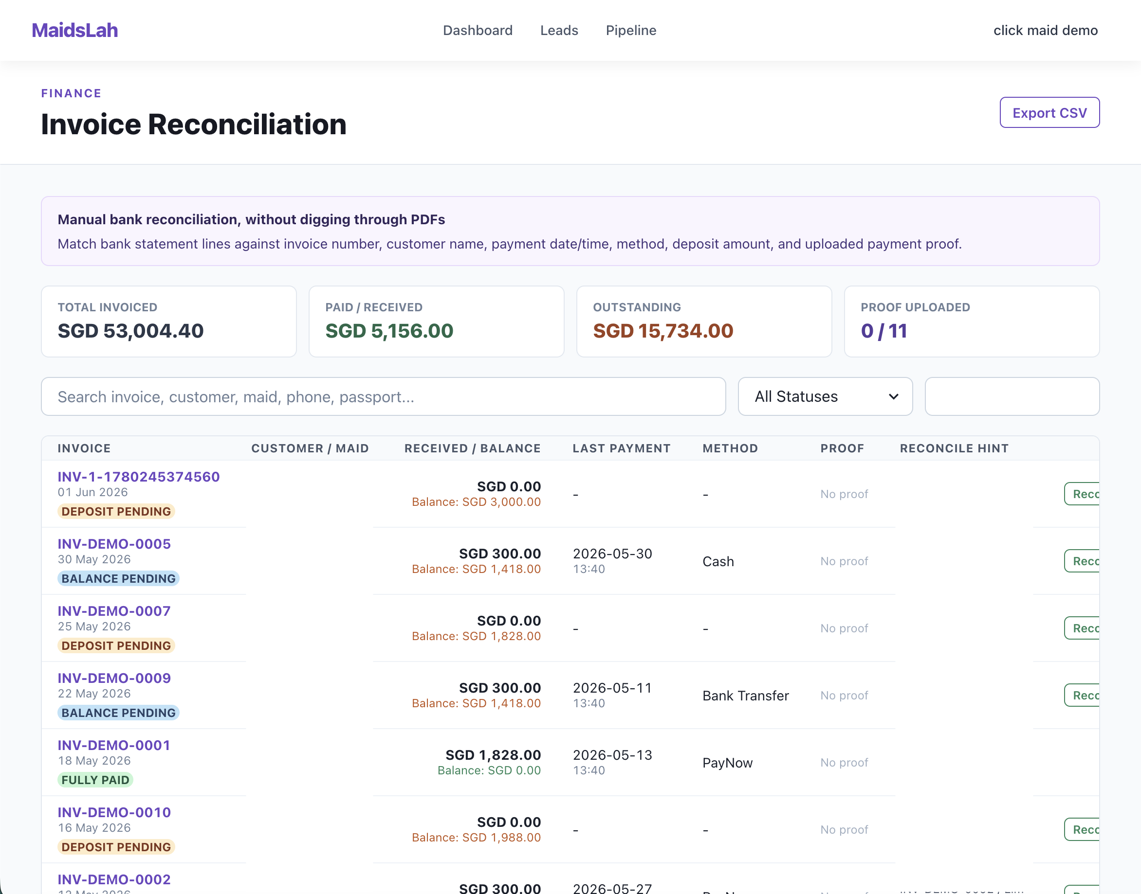 MaidsLah invoice reconciliation screen